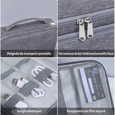 Zoom sur les caractéristiques pratiques de la Trousse de Rangement Multifonction : poignée de transport portable, fermeture éclair bidirectionnelle lisse, sangles élastiques pour cùbles et accessoires, et rangement en filet séparé pour cartes et petits objets.